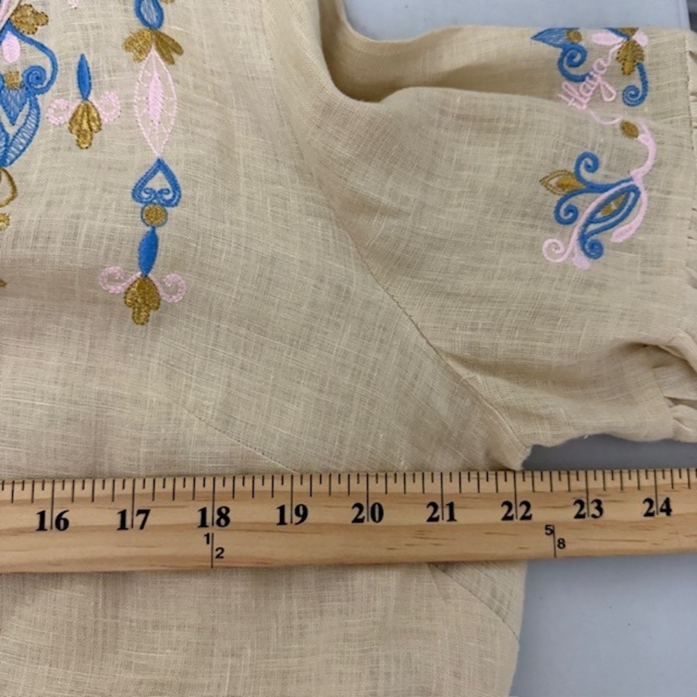 Svitlaya Embroidered Linen Tunic Dress Tan Blue Tassel Bell Sleeve L - Picture 4 of 11